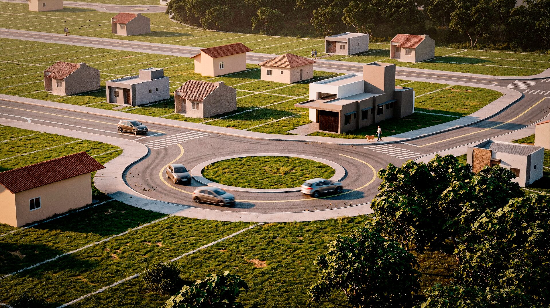 Render do Residencial Verena com rotatória, ruas e casas